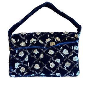 Black Velvet and Gold Embroidered Floral Handbag Lattice Design